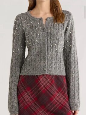 All in Favor Gray Pearl-Embellished Cable Knit Cardigan